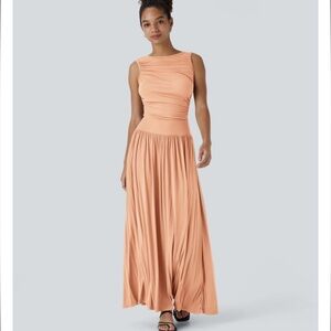 HALARA Boatneck Ruched Pocket Maxi Sleeveless Dress Sunset Orange